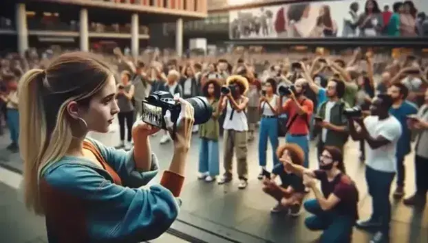 Diverse group capturing urban scene with smartphones and cameras in a city park, under clear skies with vibrant attire and greenery.