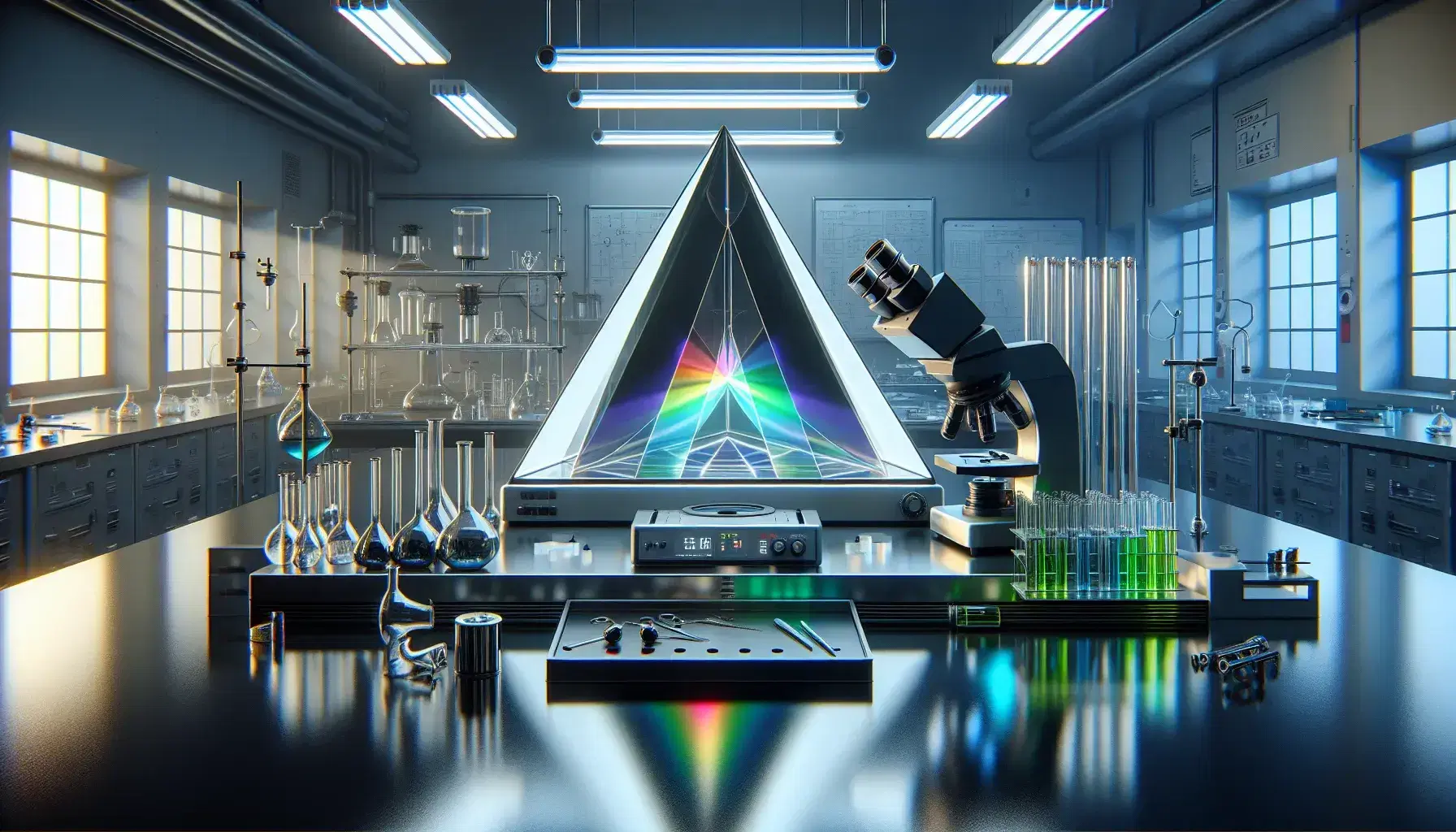 Laboratorio scientifico moderno con prisma di vetro che disperde luce in spettro visibile, microscopio elettronico e provette colorate.