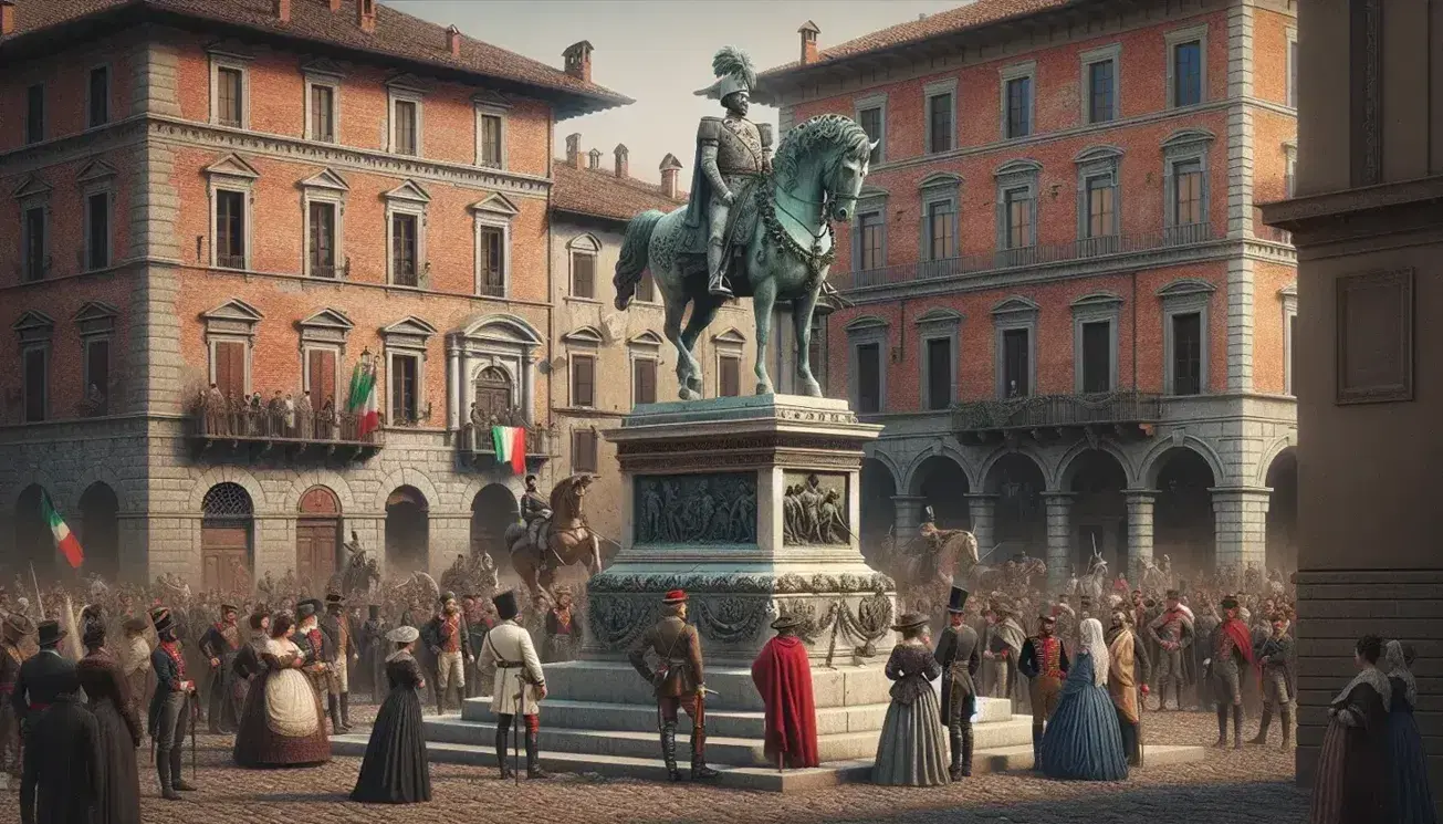 Statua equestre in bronzo di eroe del Risorgimento in piazza italiana storica, con persone in abiti d'epoca e architettura caratteristica.