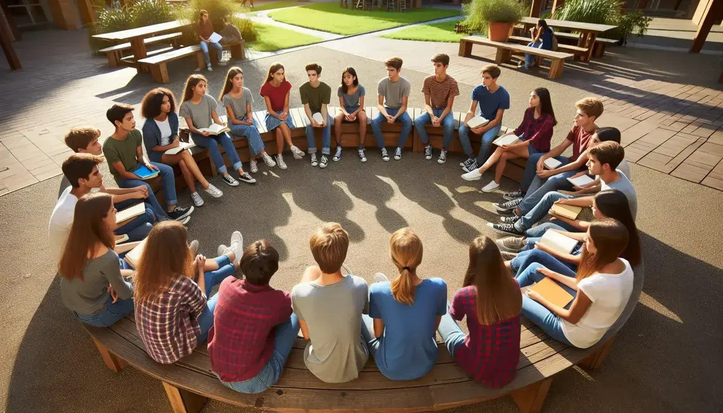 Studenti seduti in cerchio su panchine in cortile scolastico esterno, conversano e studiano in un ambiente naturale e sereno.