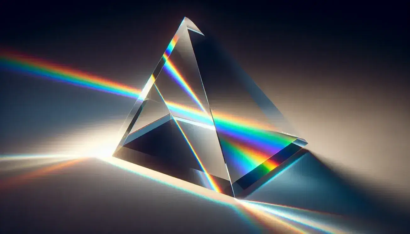 Prisma di vetro trasparente su superficie liscia con luce bianca che si scompone in spettro arcobaleno dai colori vividi.