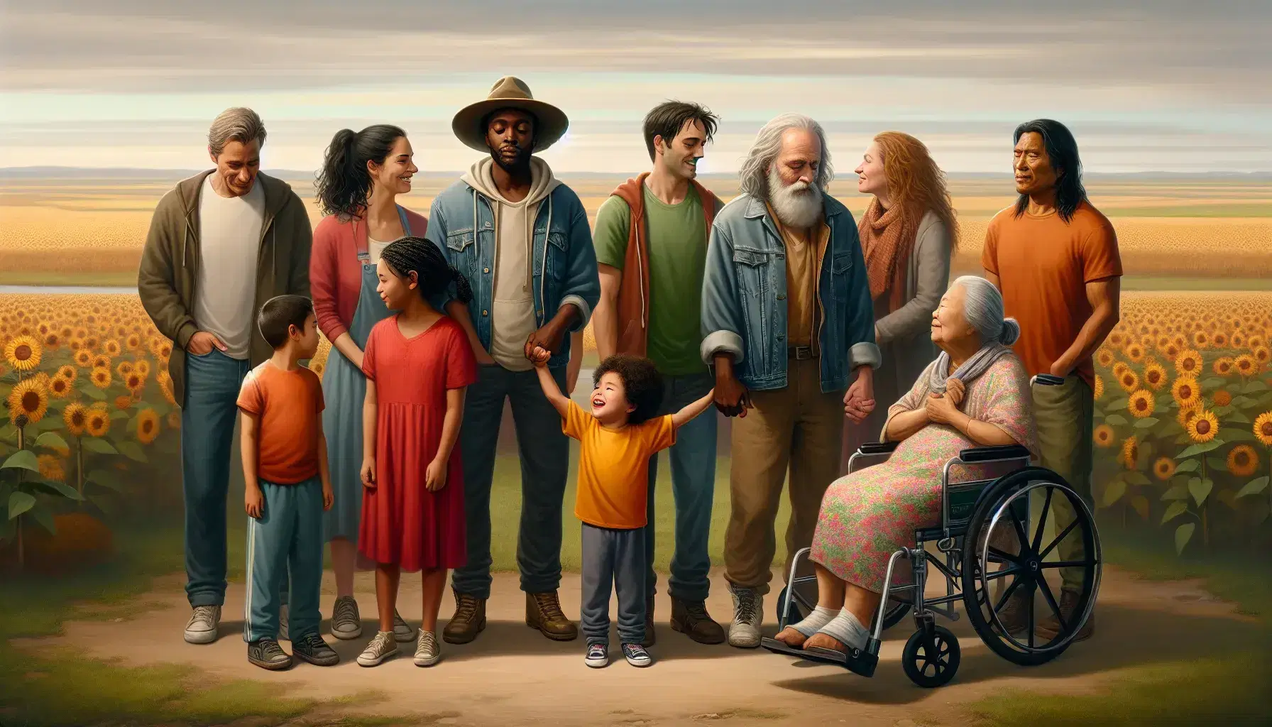 Diverse group of individuals in a field, including a Hispanic woman, bearded Caucasian man, African American child, Asian elder, South Asian and Middle-Eastern teens, and a Native American beside a person in a wheelchair.