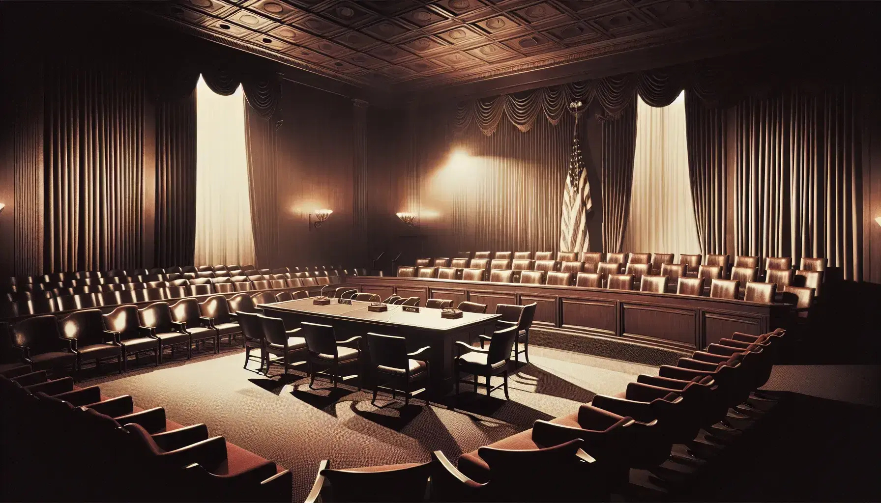 1950s hearing room with long wooden table, red upholstered chairs for a panel, a leader's chair on a platform, and an American flag backdrop.