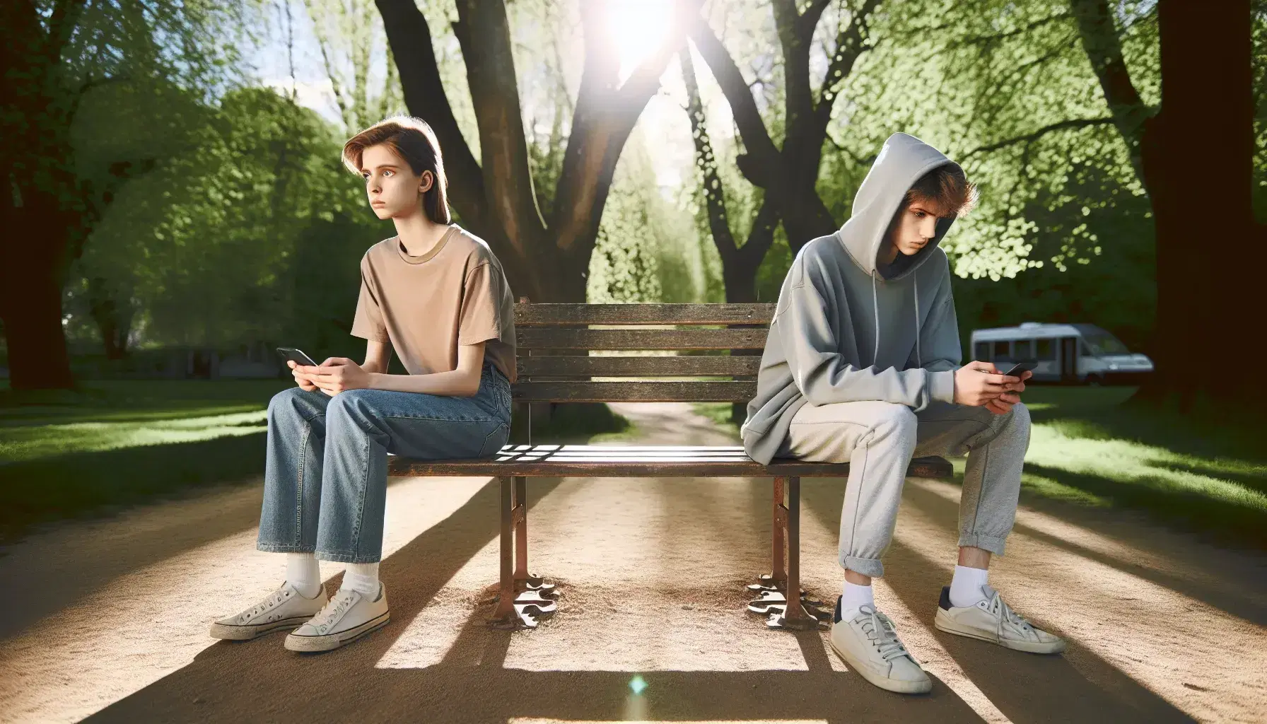 Dos adolescentes sentados en un banco de parque con distancia entre ellos, uno con móvil y otro con libro, rodeados de árboles en un día soleado.