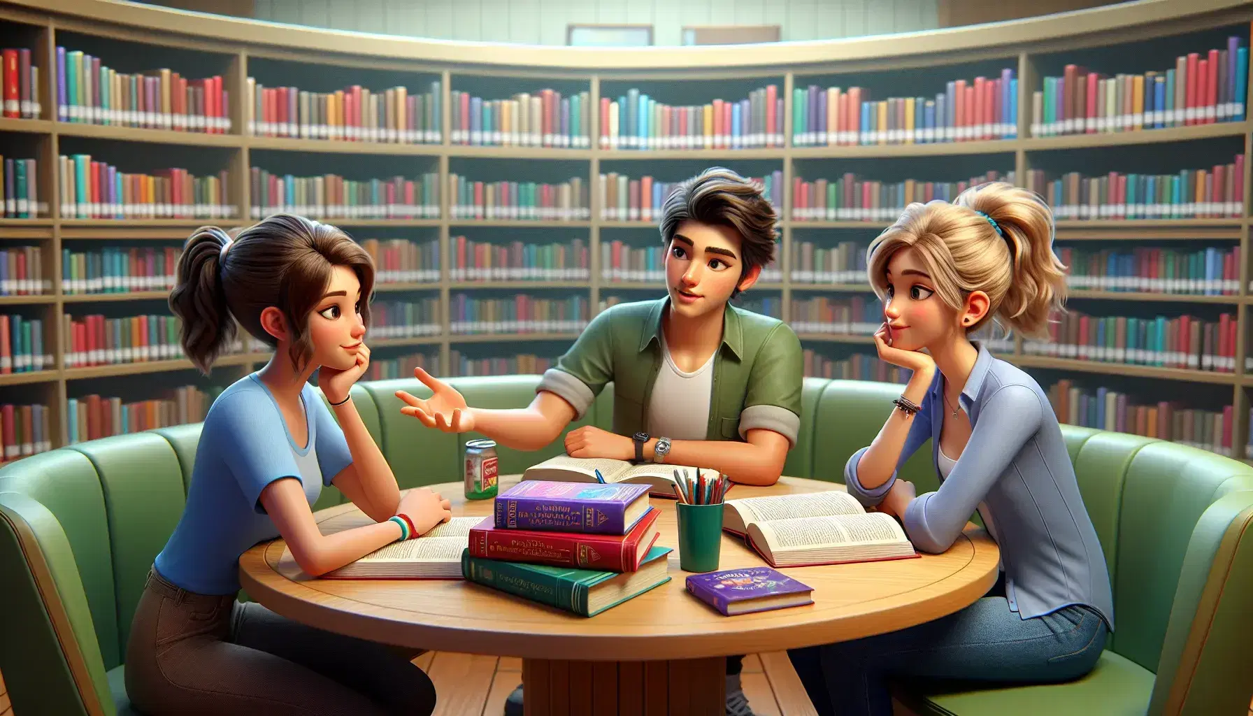 Studenti impegnati in una discussione di gruppo in una biblioteca scolastica, circondati da scaffali con libri colorati e materiale didattico sul tavolo.