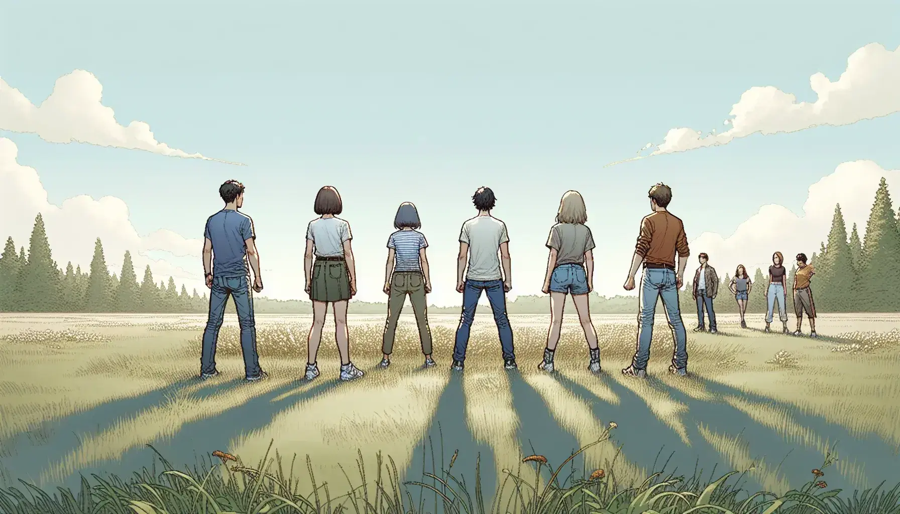 Grupo de cinco personas en formación en 'V' en un parque, con una persona liderando y extendiendo los brazos bajo un cielo azul con árboles al fondo.