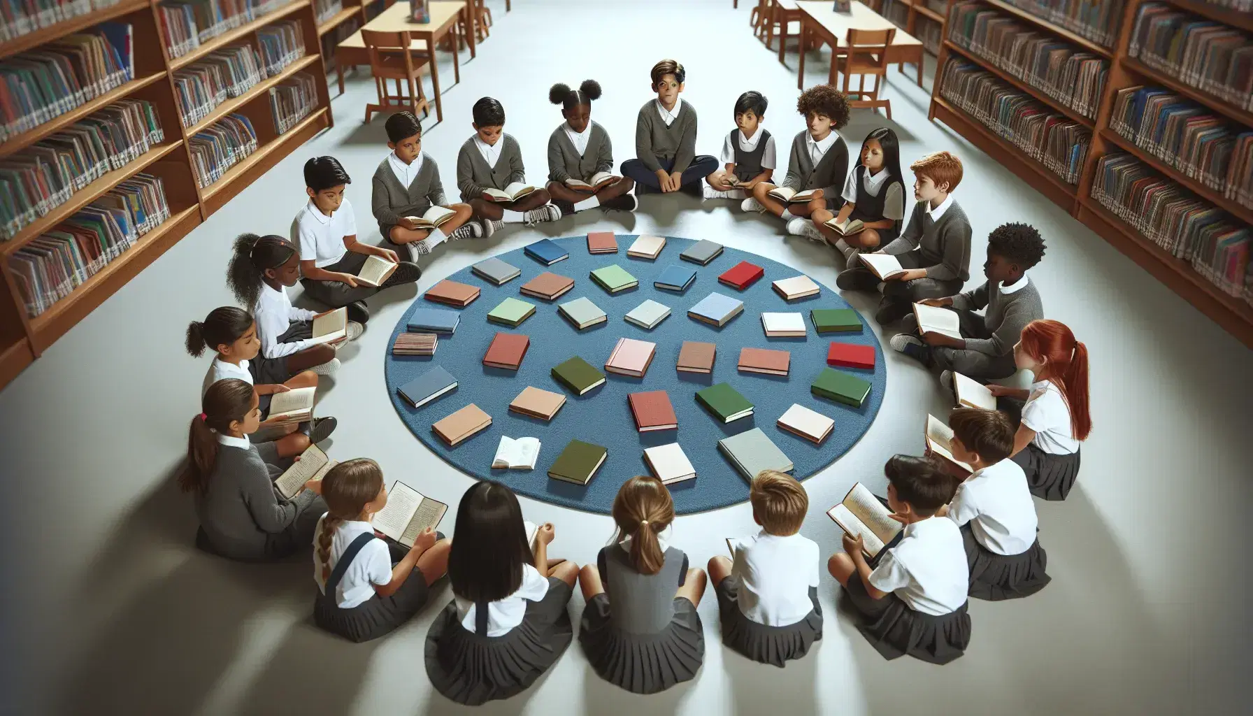 Niños de diversas etnias leyendo libros atentamente en el suelo de una biblioteca escolar, con estanterías de madera al fondo.