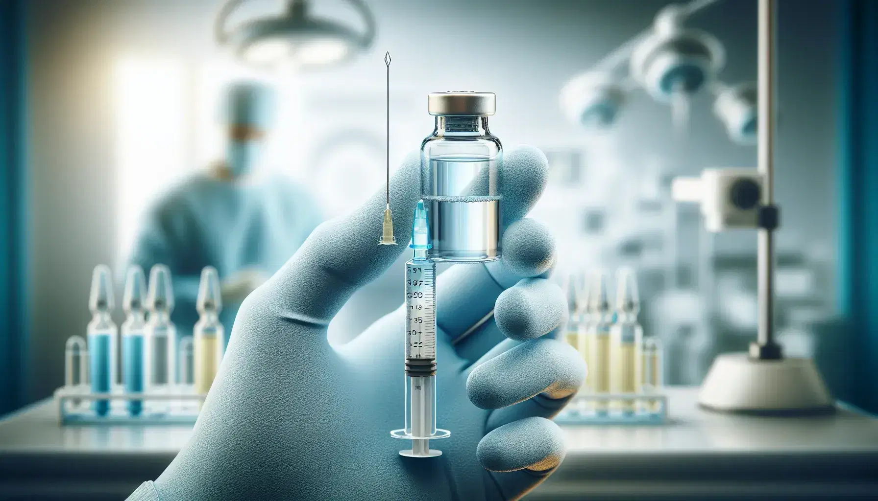 Hand in light blue surgical glove holds glass vial with light yellow liquid and syringe with protected needle in blurred laboratory environment.