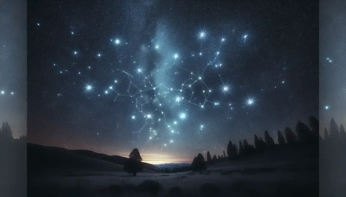 Cielo nocturno estrellado con la constelación de Orión destacando sobre colinas y árboles silueteados, en una escena natural sin elementos artificiales.