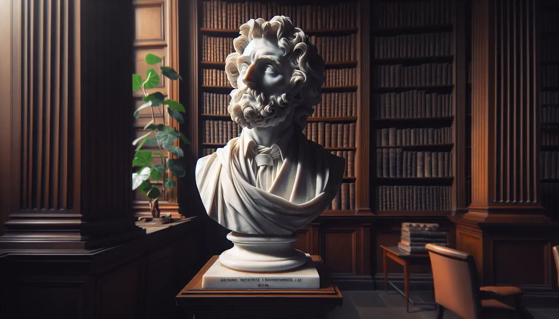 Statua in marmo bianco di filosofo pensieroso con abito formale, in biblioteca antica con libri e pianta verde.