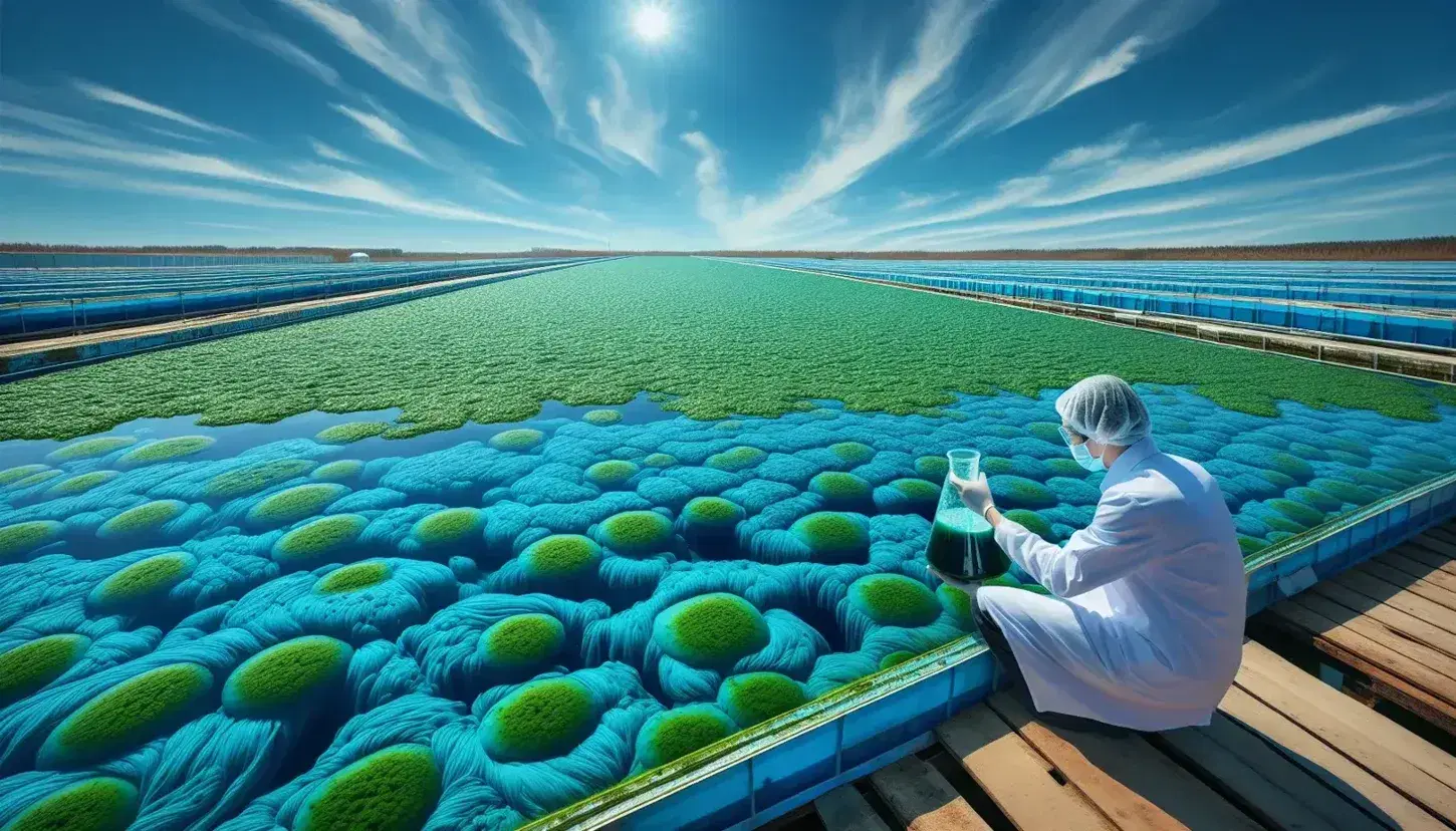 Spirulina algae cultivation in outdoor pond with researcher examining a flask of harvested algae, under a clear blue sky.