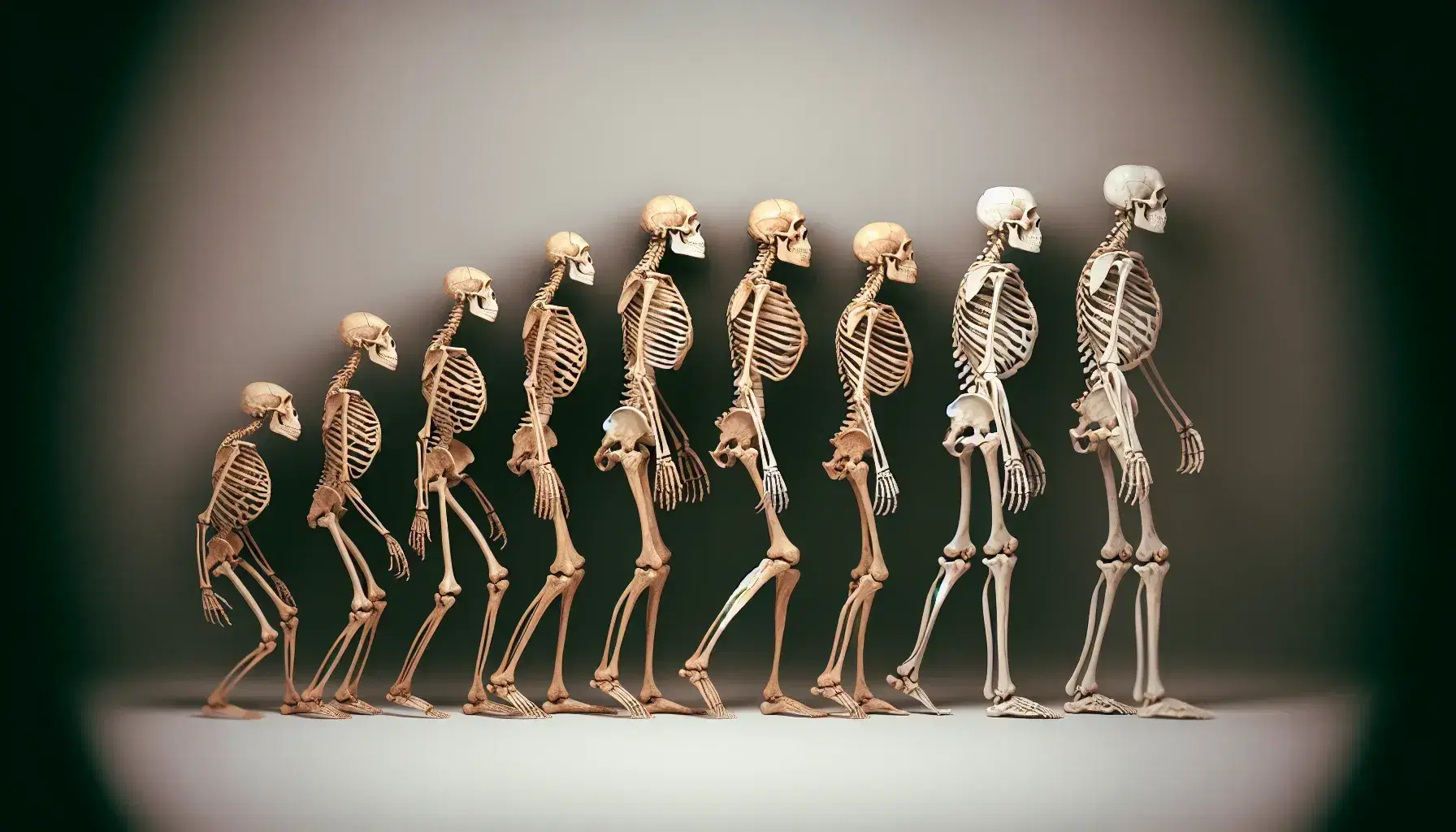 Evoluzione umana attraverso scheletri ordinati da ominidi antichi a Homo sapiens moderno, mostrando cambiamenti posturali e cranici.