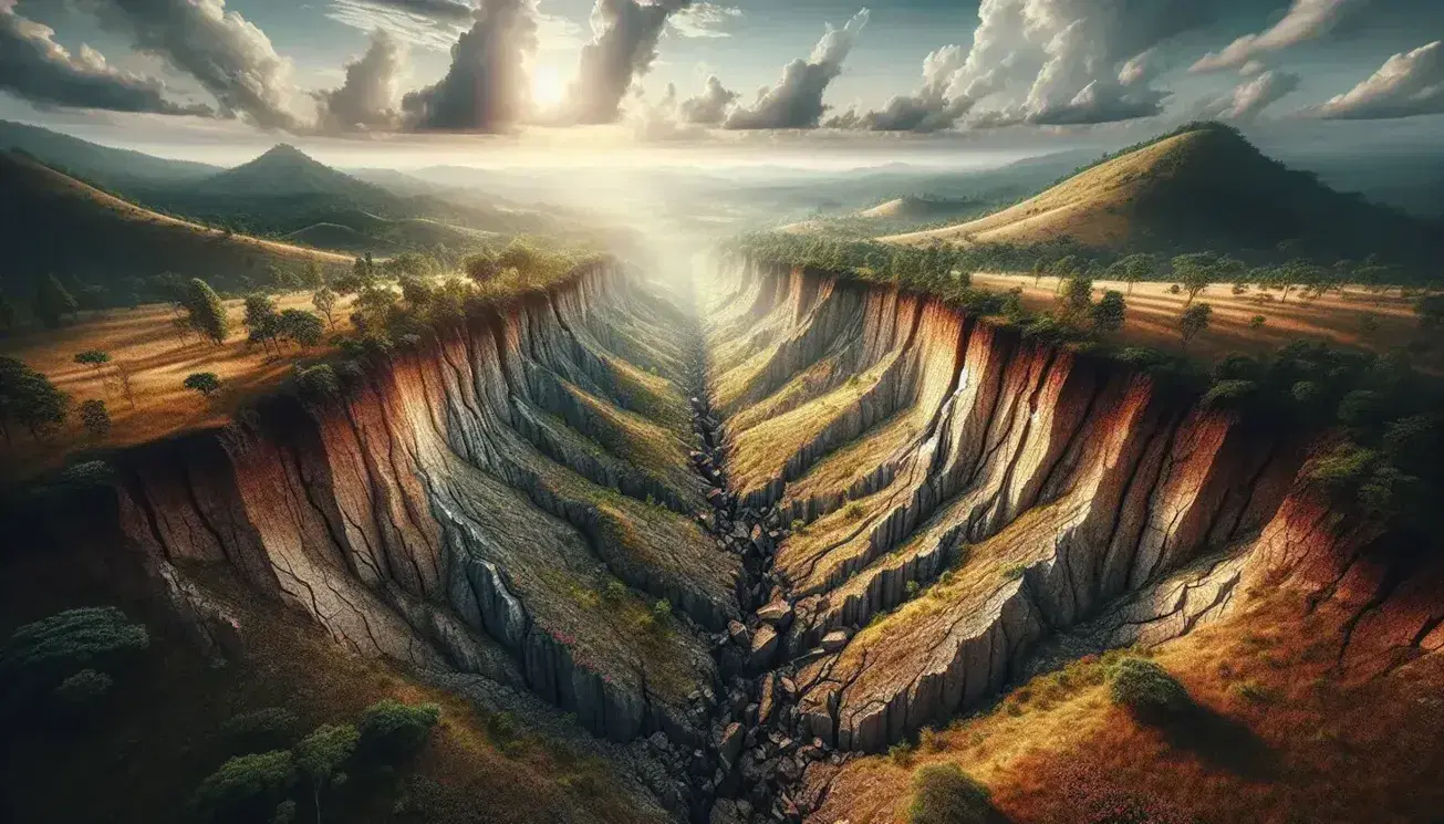 Faglia geologica naturale con strati di roccia visibili, vegetazione su una collina e pianura arida dall'altro lato sotto un cielo parzialmente nuvoloso.