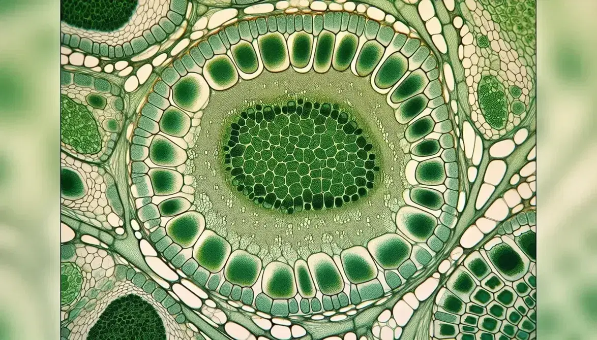 Sezione microscopica trasversale di tessuto fogliare vegetale con pareti cellulari in verde chiaro, cloroplasti in verde scuro e plasmodesmata visibili.