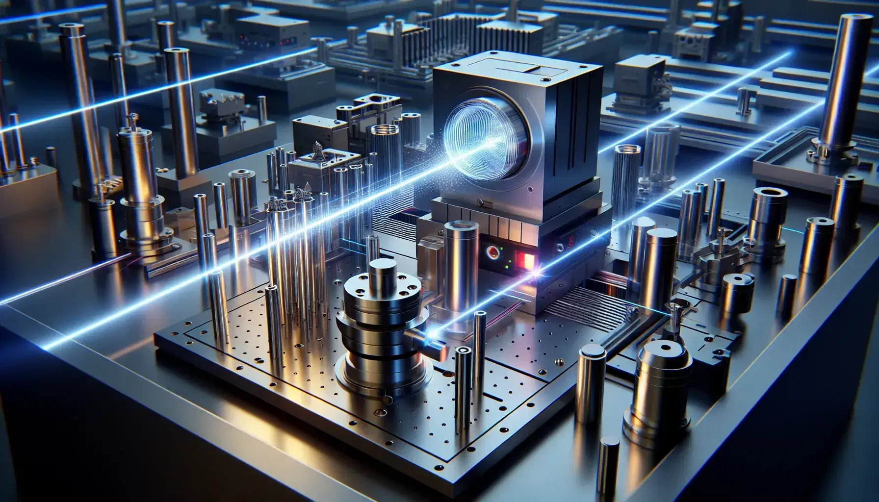 Quantum optics laboratory with optical table, laser, beam splitter, cylindrical lenses, crystal, mirrors and optical fibers.