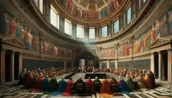 Escena en una antigua basílica con cúpula frescada, figuras en túnicas debatiendo alrededor de una mesa con pergaminos y candelabro, sin escritos visibles.