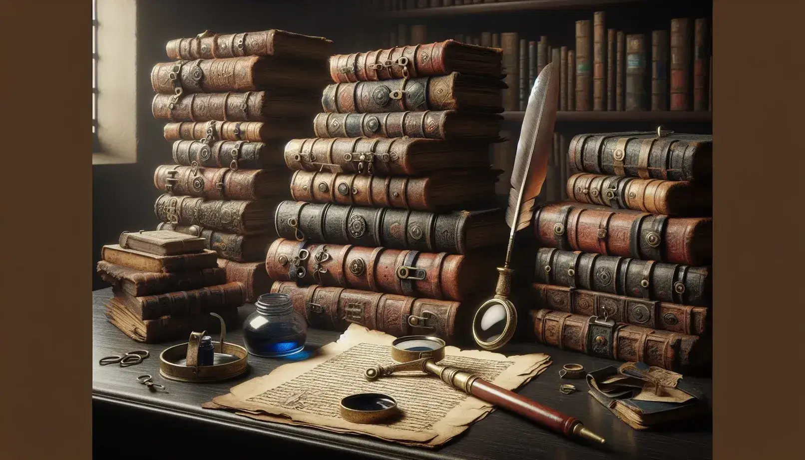 Manoscritti antichi impilati su tavolo scuro con penna d'oca, calamaio blu e lente d'ingrandimento, in atmosfera da biblioteca storica.