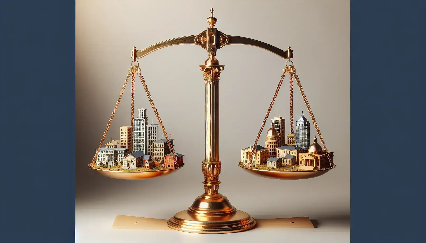 Golden scales balancing with miniatures of city buildings on one plate and regional government buildings on the other, against blue sky background.