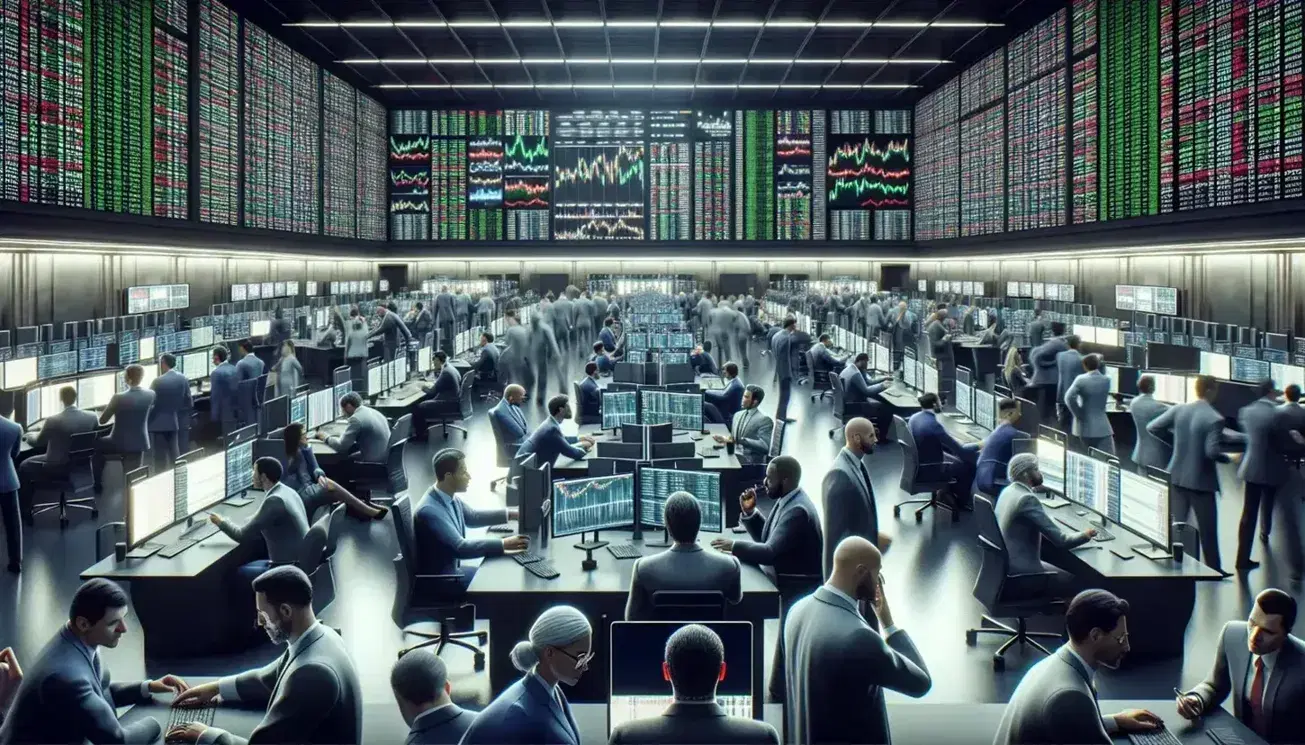 Busy stock exchange floor with traders focused on screens displaying financial data, reflecting a dynamic market atmosphere without any branding.