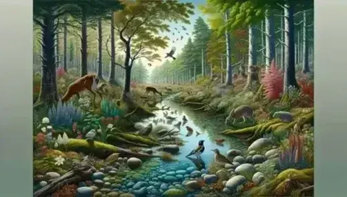 Diversified forest ecosystem with trees, a deer drinking from a stream, a rabbit in the grass and birds on the branches, under a blue sky.
