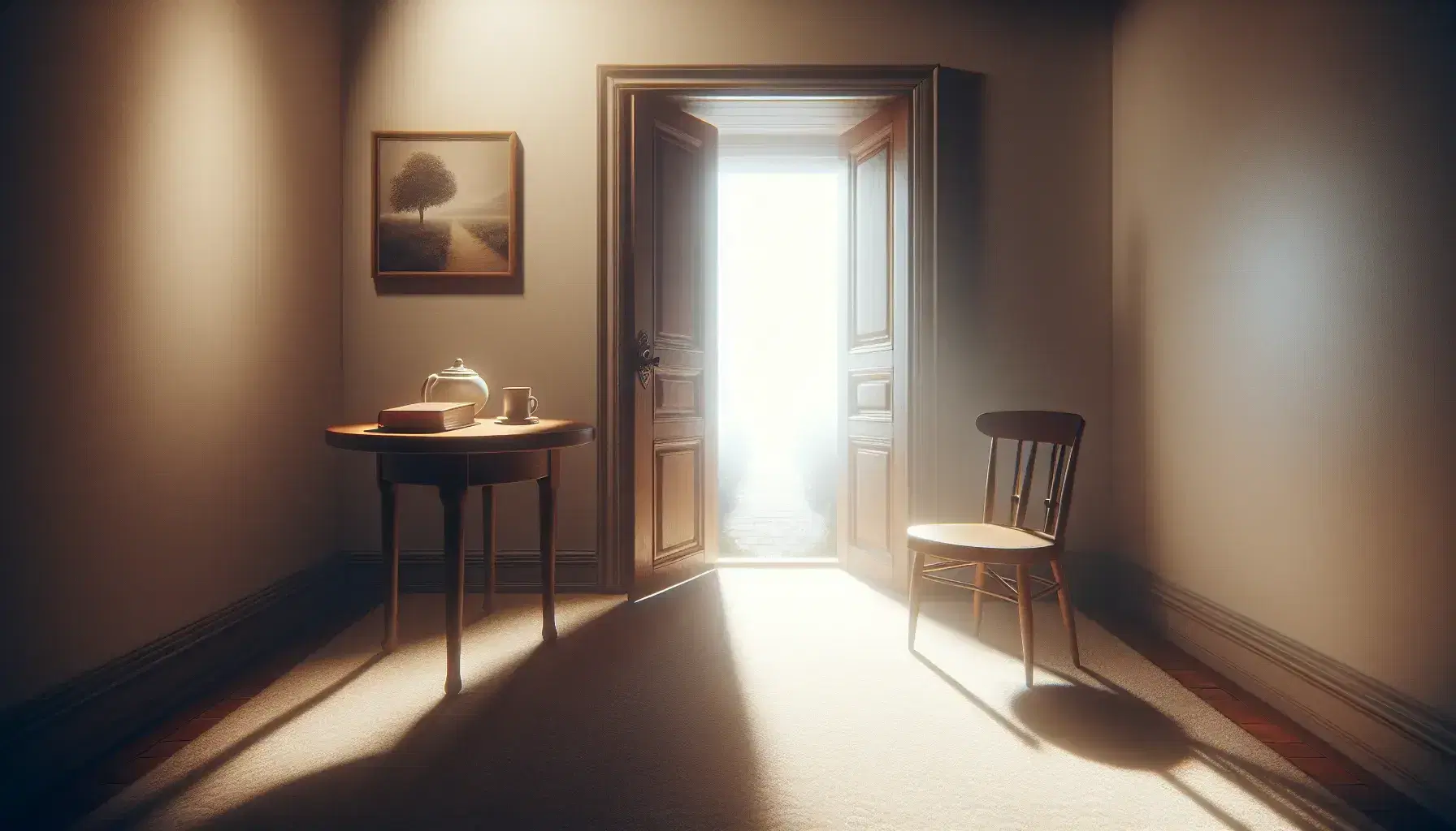 Cozy room with wooden chair, round table with open book and mug, plush carpet, and half-open door leading to bright light.