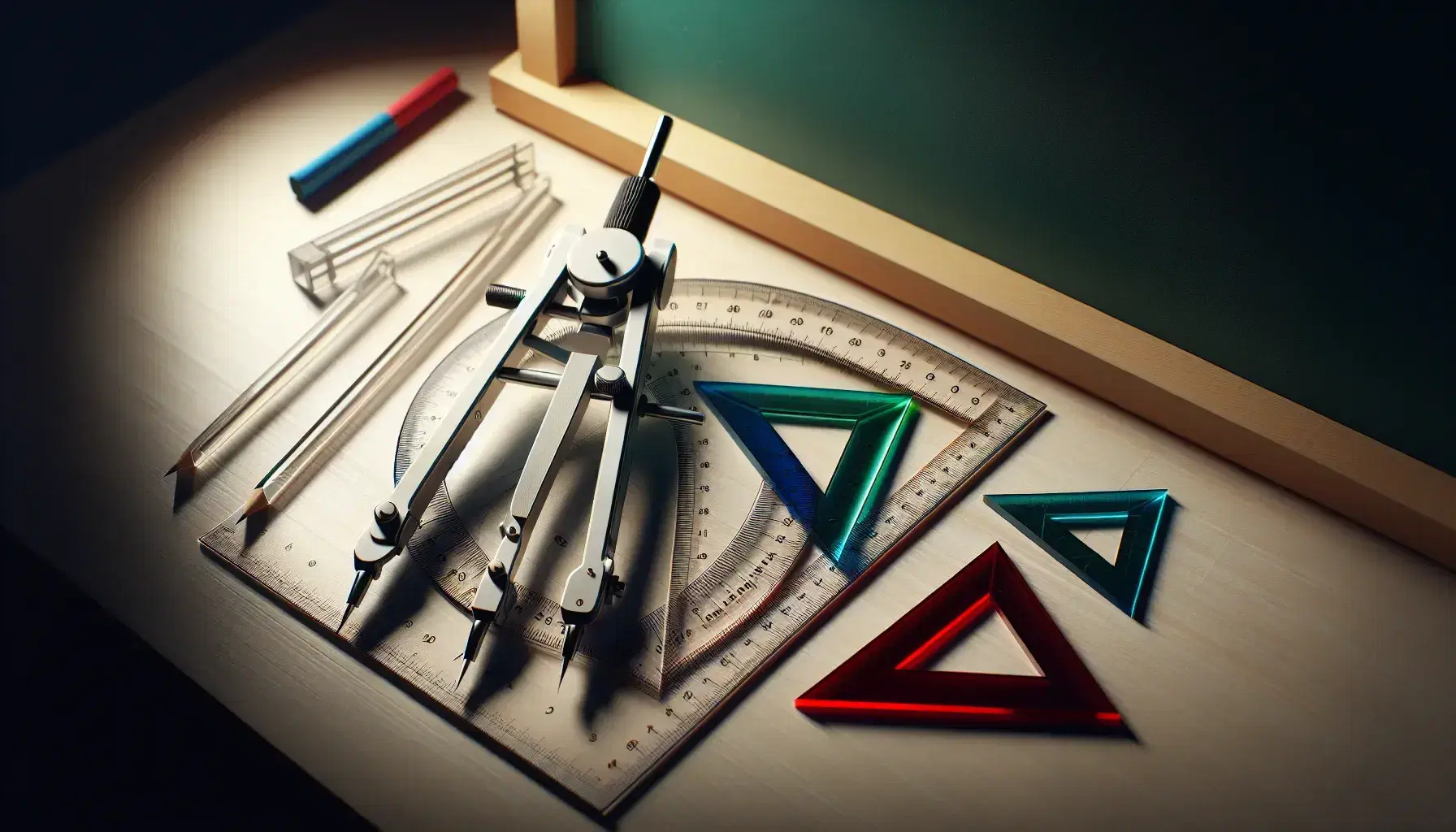 Set di strumenti geometrici su superficie in legno chiaro con compasso metallico, righello trasparente, goniometro e triangoli colorati.