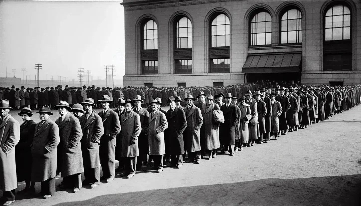 1930s breadline with men in suits and women in coats, showing patience and weariness, against a backdrop of an era-specific building under a clear midday sky.