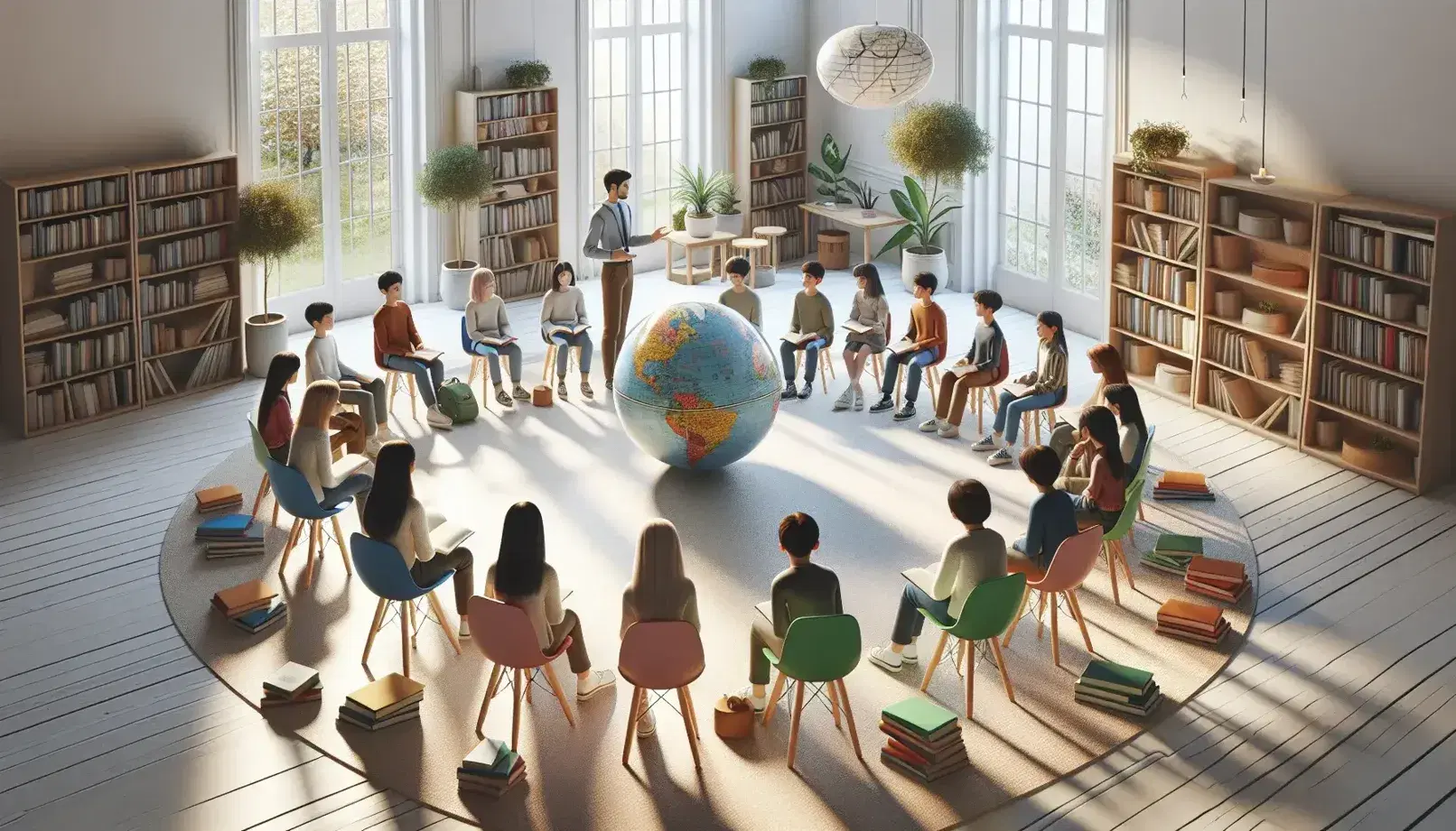 Studenti seduti in cerchio su sedie colorate mentre un insegnante mostra un globo, in una stanza luminosa con piante e libri sparsi.