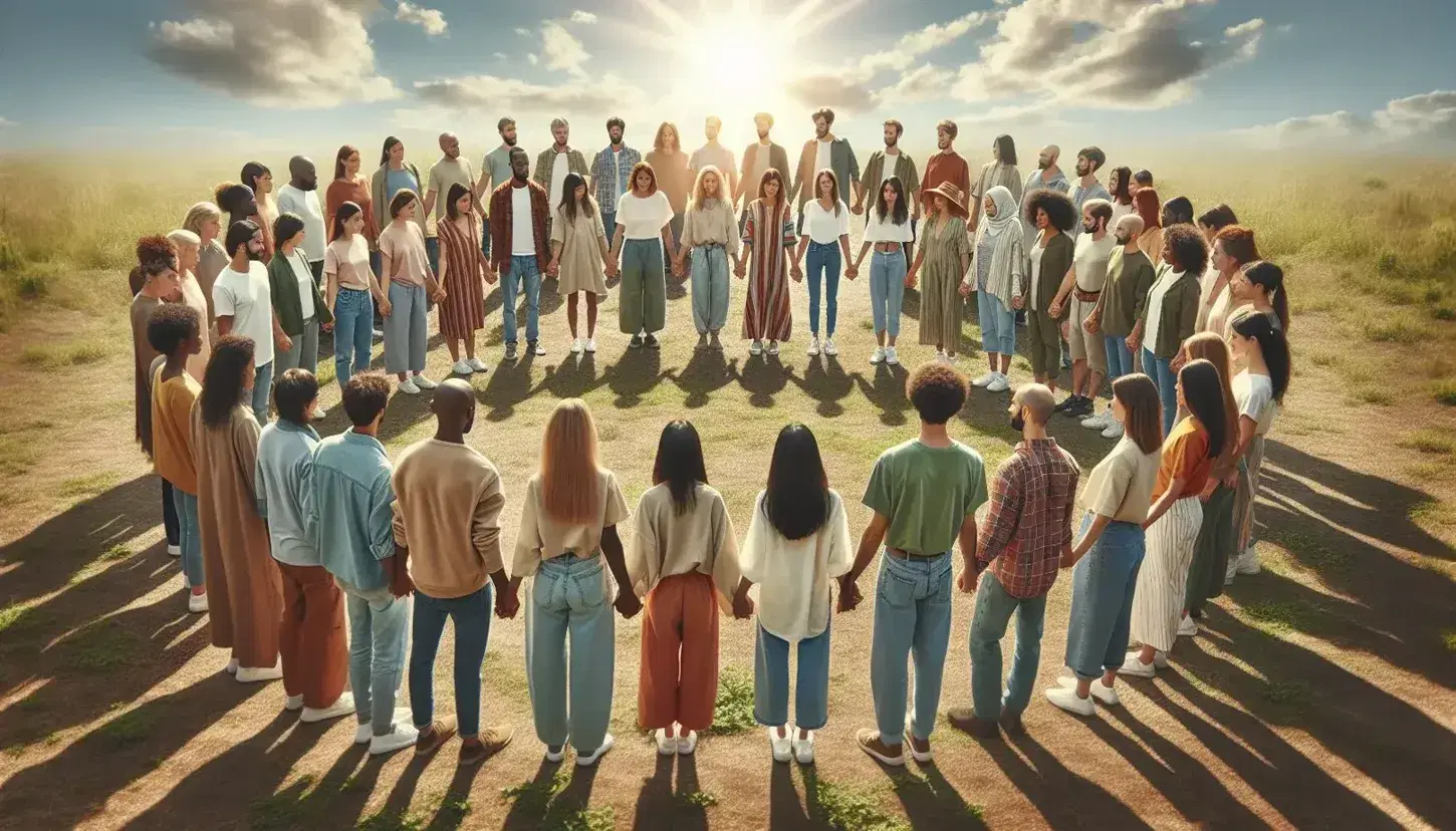 Grupo diverso de personas uniendo manos en círculo al aire libre con cielo azul claro de fondo, expresando conexión y unidad.