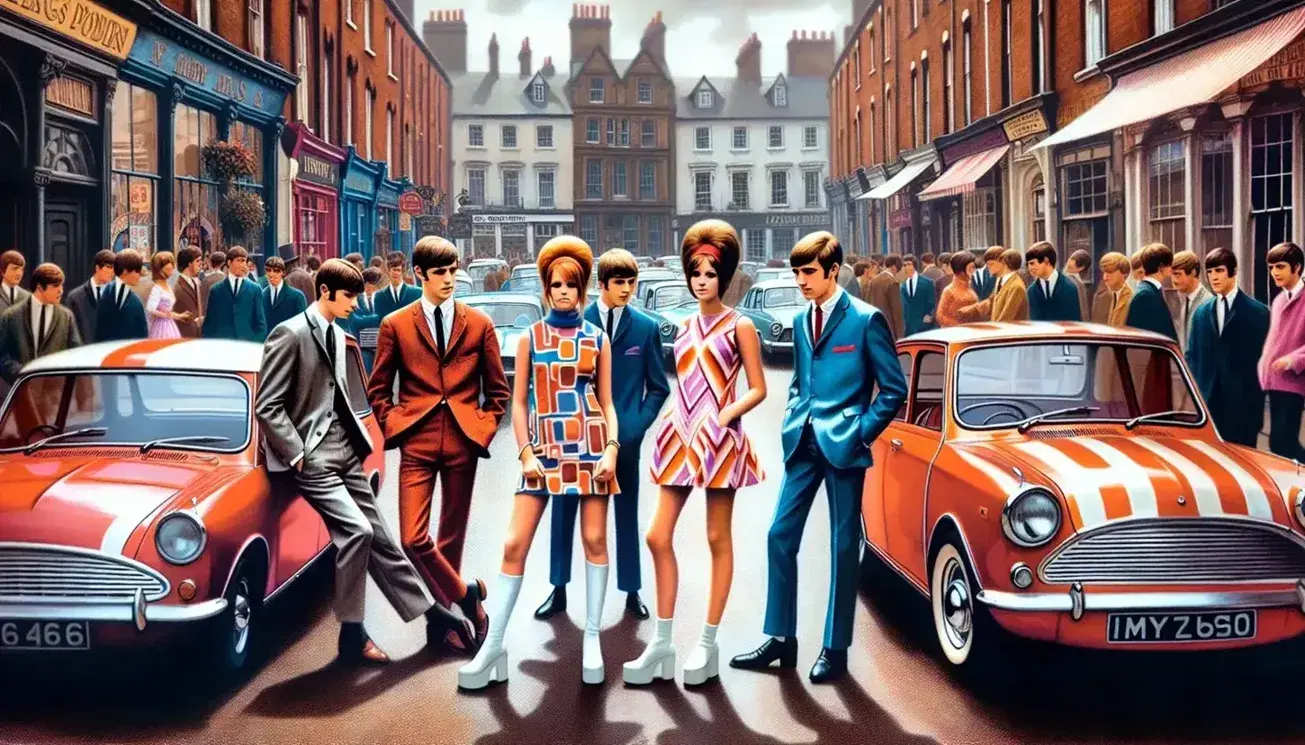 1960s Britain street scene with stylish youth in geometric mini dress and tailored suit, classic cars, Victorian buildings, and a sunny park backdrop.
