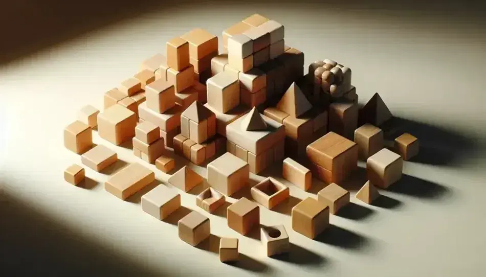 Bloques de construcción de madera en formas geométricas variadas, incluyendo cubos y cilindros, dispuestos armoniosamente con sombras suaves sobre superficie clara.