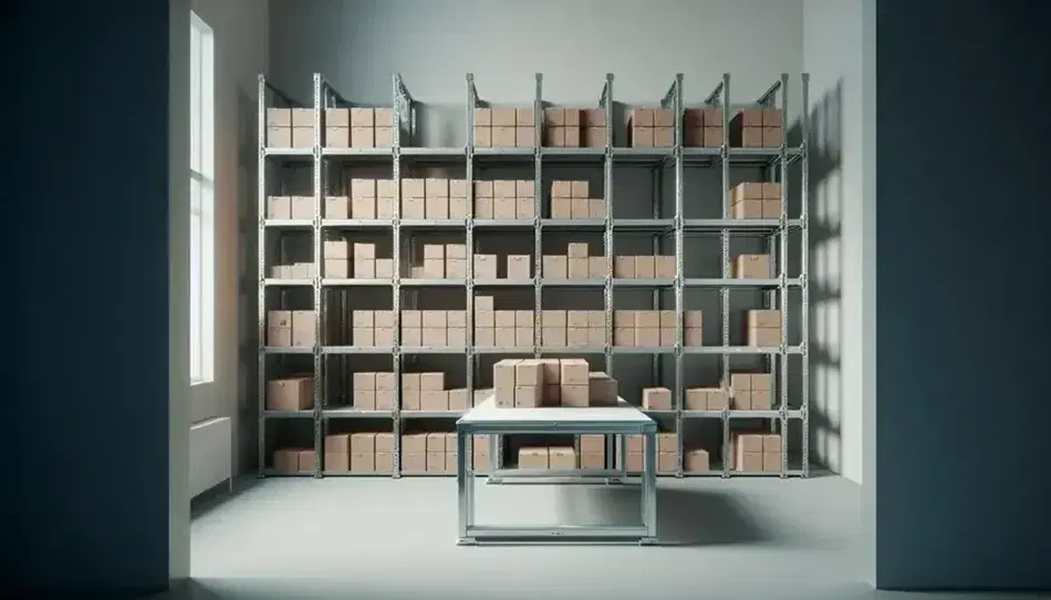 Estantes metálicos grises con cajas de cartón marrón claro organizadas en una habitación con paredes blancas, mesa de trabajo blanca y suelo gris liso.