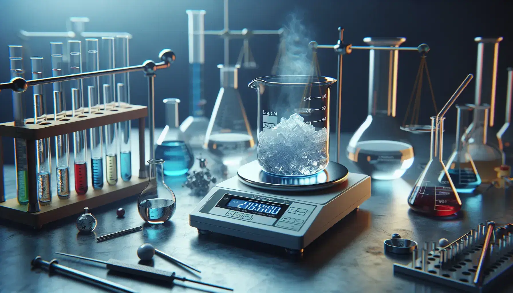 Bilancia analitica digitale con becher e sostanza cristallina, cilindro graduato con liquido blu e provette colorate in laboratorio chimico.
