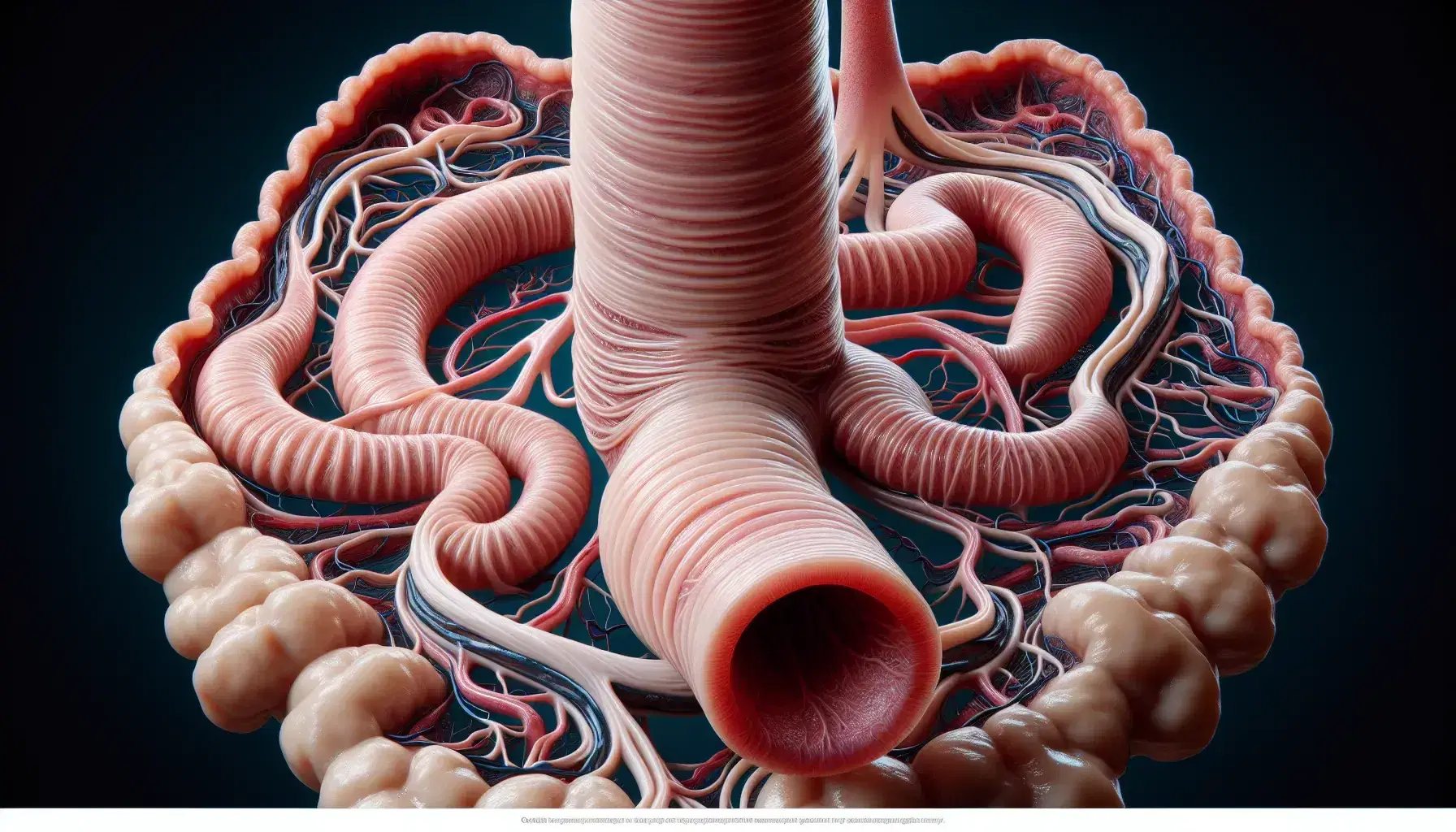 Modelo anatómico detallado del esófago humano con estructuras vasculares en rojo y azul y red de nervios amarillos en fondo neutro.