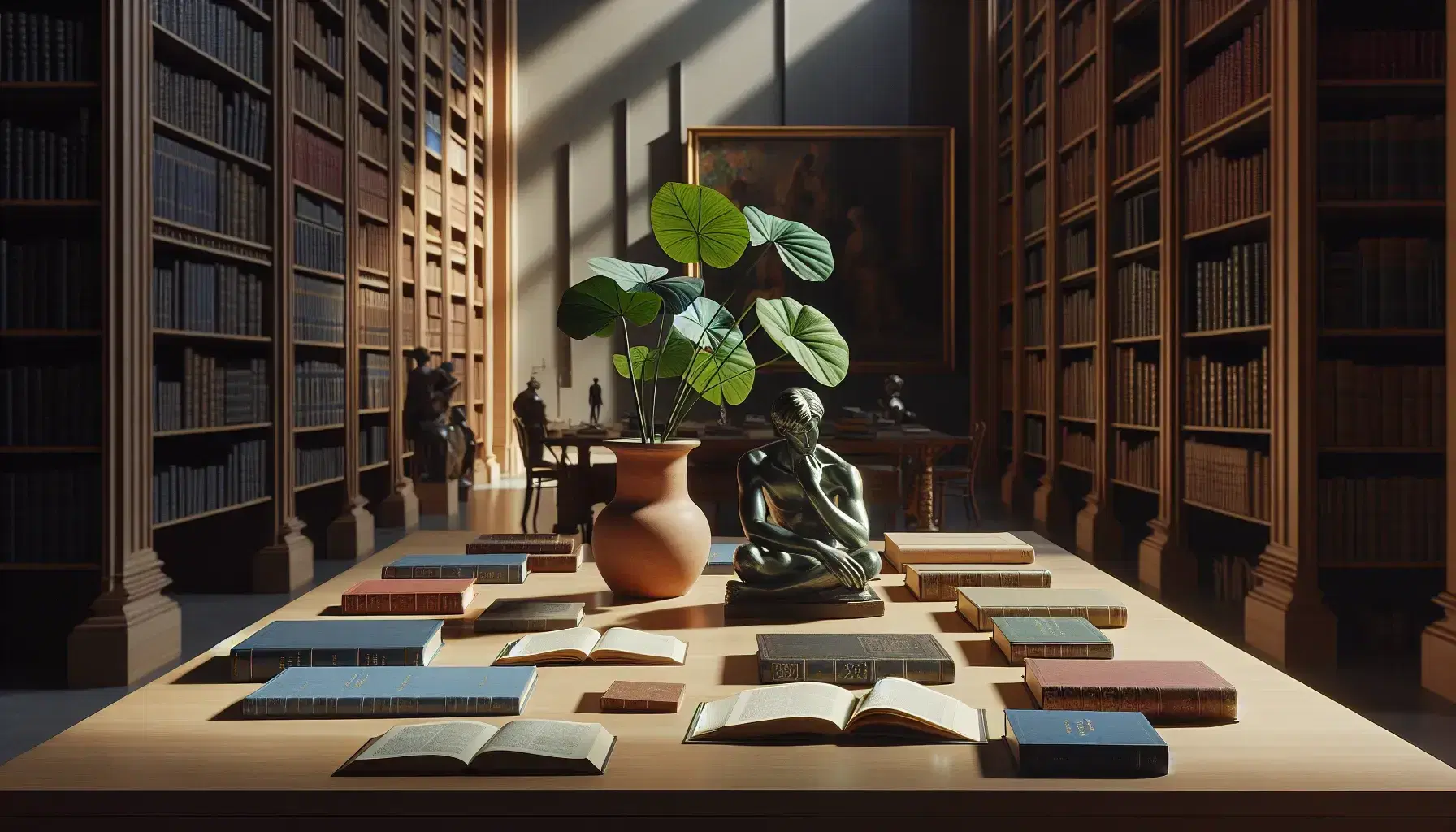 Biblioteca tranquilla con tavolo in legno, libri colorati sparsi, statuetta pensosa e pianta verde, scaffali di libri sullo sfondo.