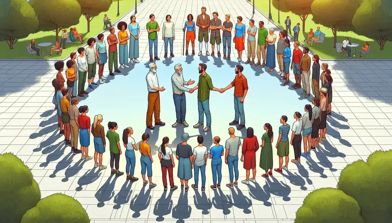 Grupo diverso de personas en círculo en un parque con dos individuos dándose la mano en el centro, rodeados de árboles y cielo parcialmente nublado.