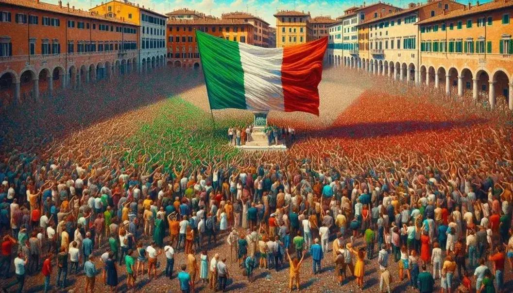 Folla festante in piazza italiana con bandiera tricolore al vento e storici edifici in sfondo sotto il sole.