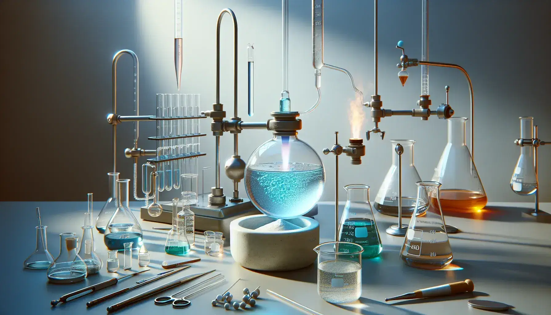 Chemical laboratory with flasks and flasks, Liebig condenser connected to blue liquid, mortar with white powder and Bunsen burner heating yellow substance.