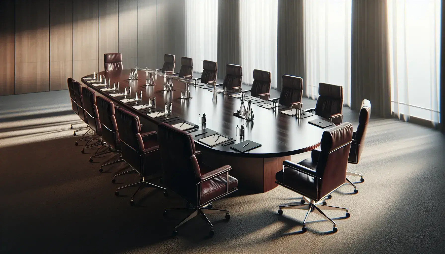Elegant boardroom with oval wooden table, burgundy leather chairs, pens, notebooks, water pitcher, and a large potted plant by tall windows.