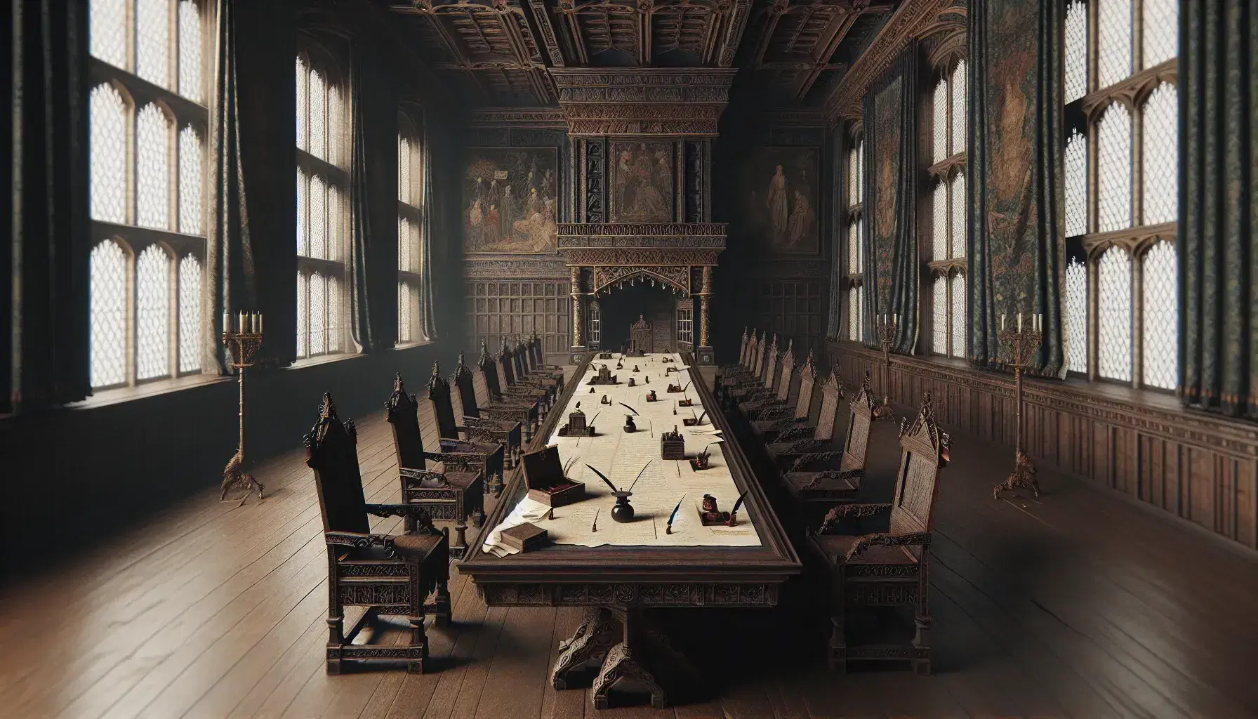 Elegant 17th-century style room with high ceilings, arched windows, a long wooden table with quill pens and parchment, and ornate tapestries.