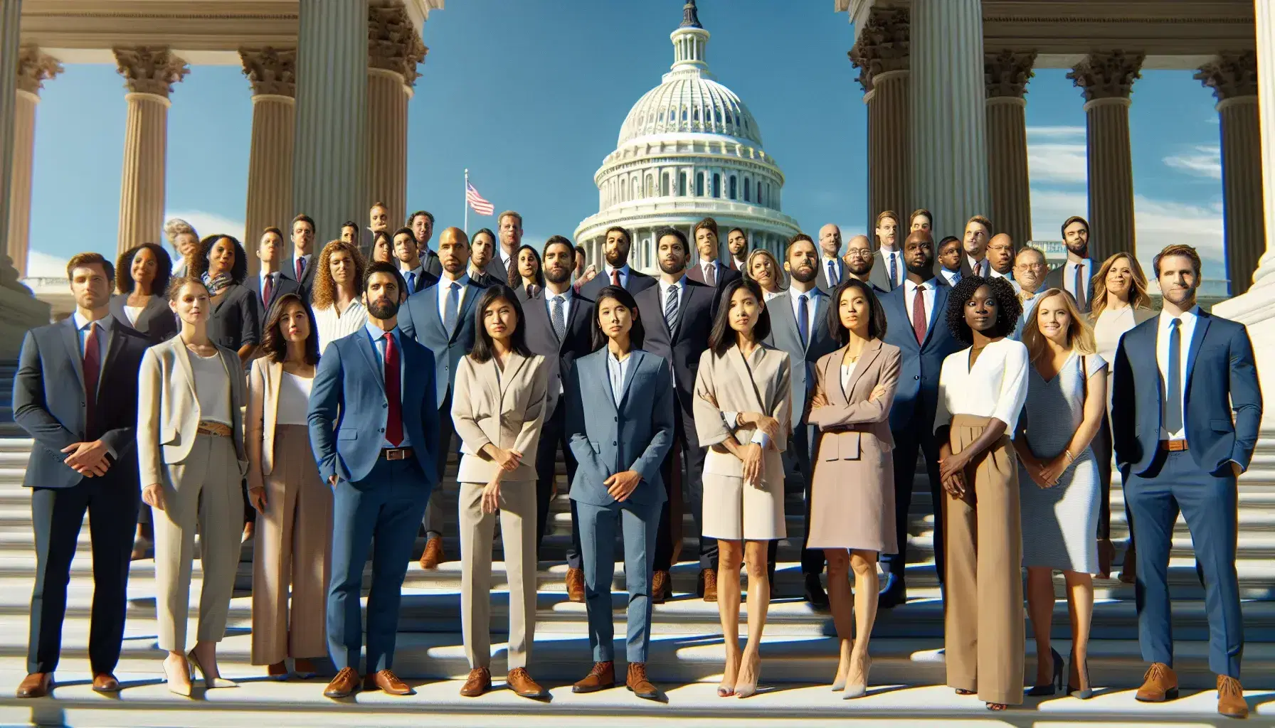 Diverse group of people standing on US Capitol steps, with the iconic dome in the background, symbolizing unity under a clear blue sky.