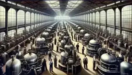 Vista interior de una fábrica de principios del siglo XX en México con trabajadores operando maquinaria metálica y grandes ventanas que iluminan el espacio.