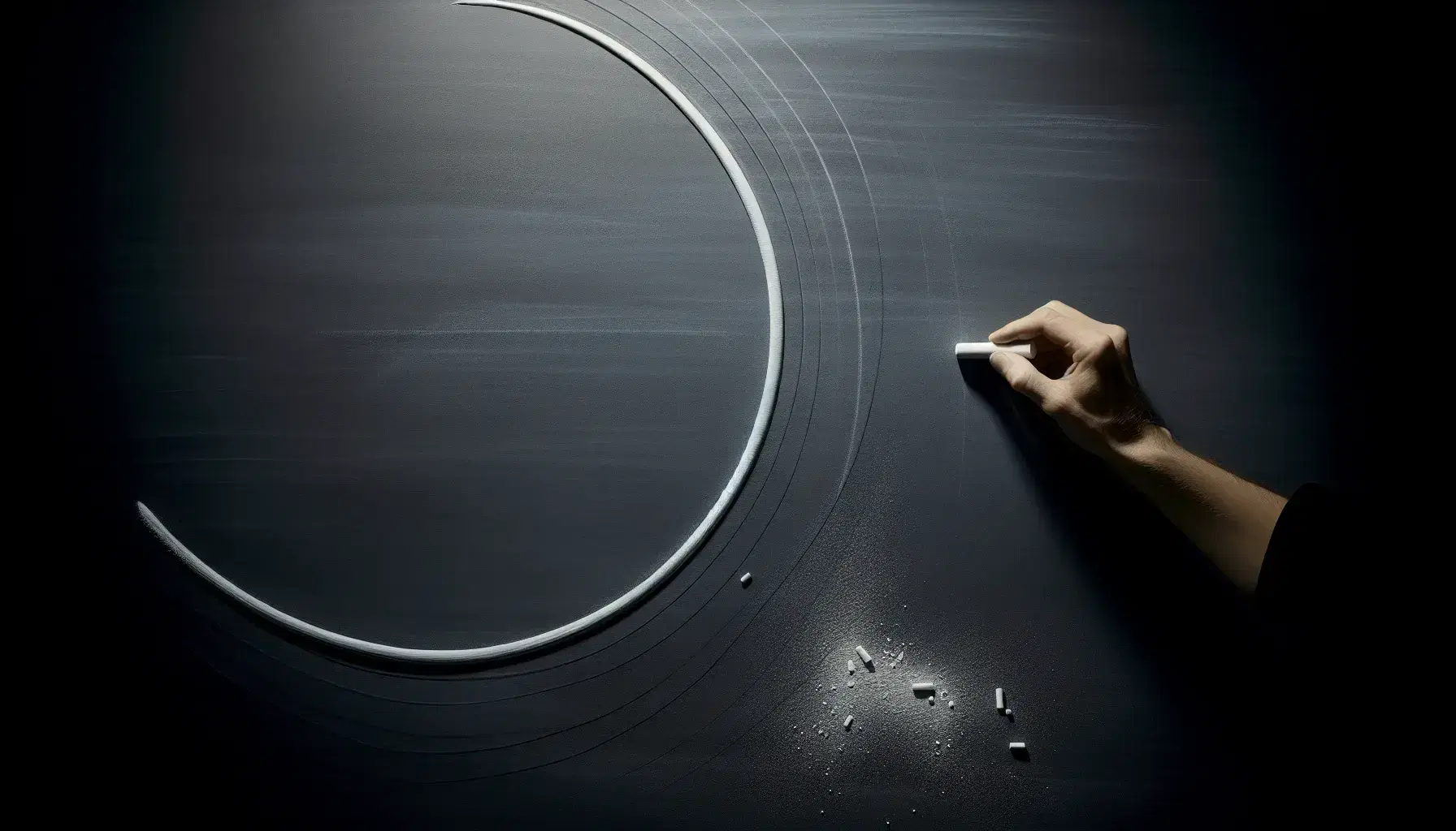 Close-up view of a hand drawing a smooth curve with white chalk on a blackboard, with visible chalk dust particles below.