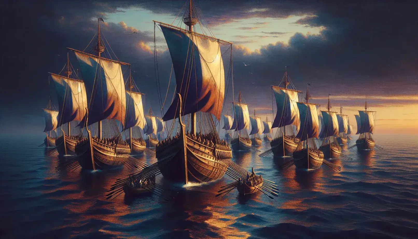 Flotta di antiche navi a vela con remi in mare calmo al tramonto, riflessi dorati sull'acqua, cielo colorato.