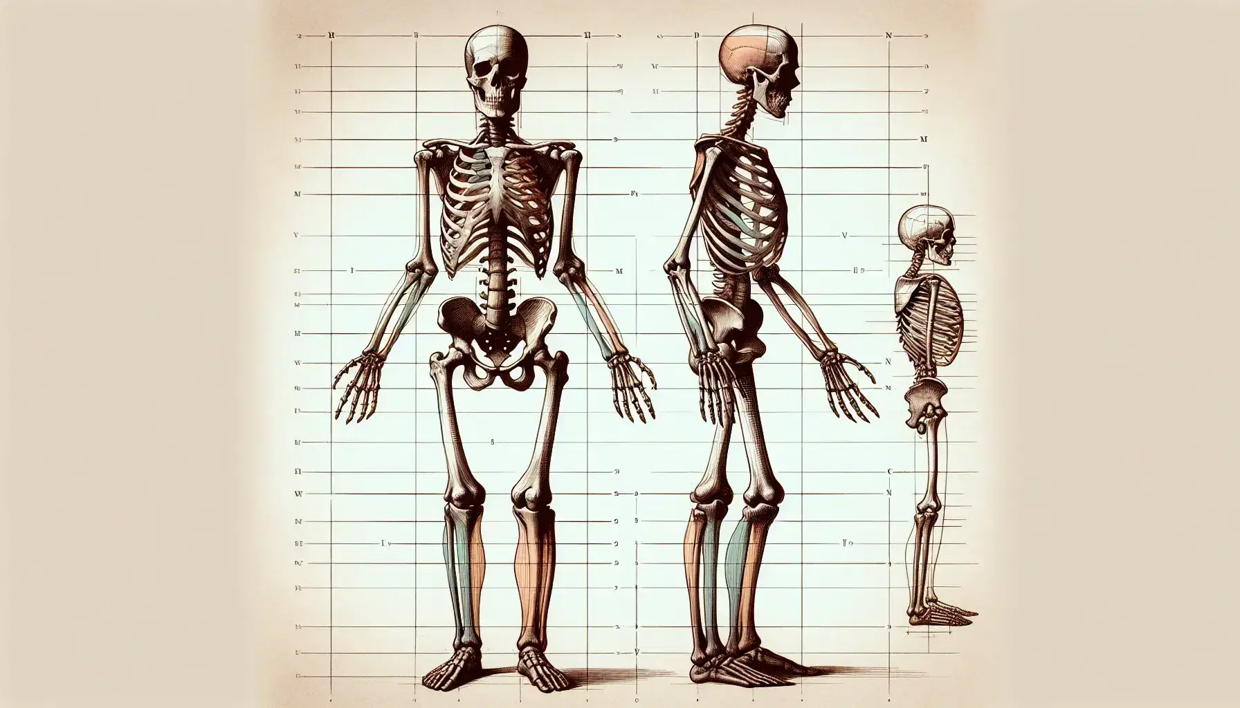 Scheletro umano completo in posizione eretta con piani anatomici sagittale, frontale e trasversale sullo sfondo e figura stilizzata per termini di posizione.