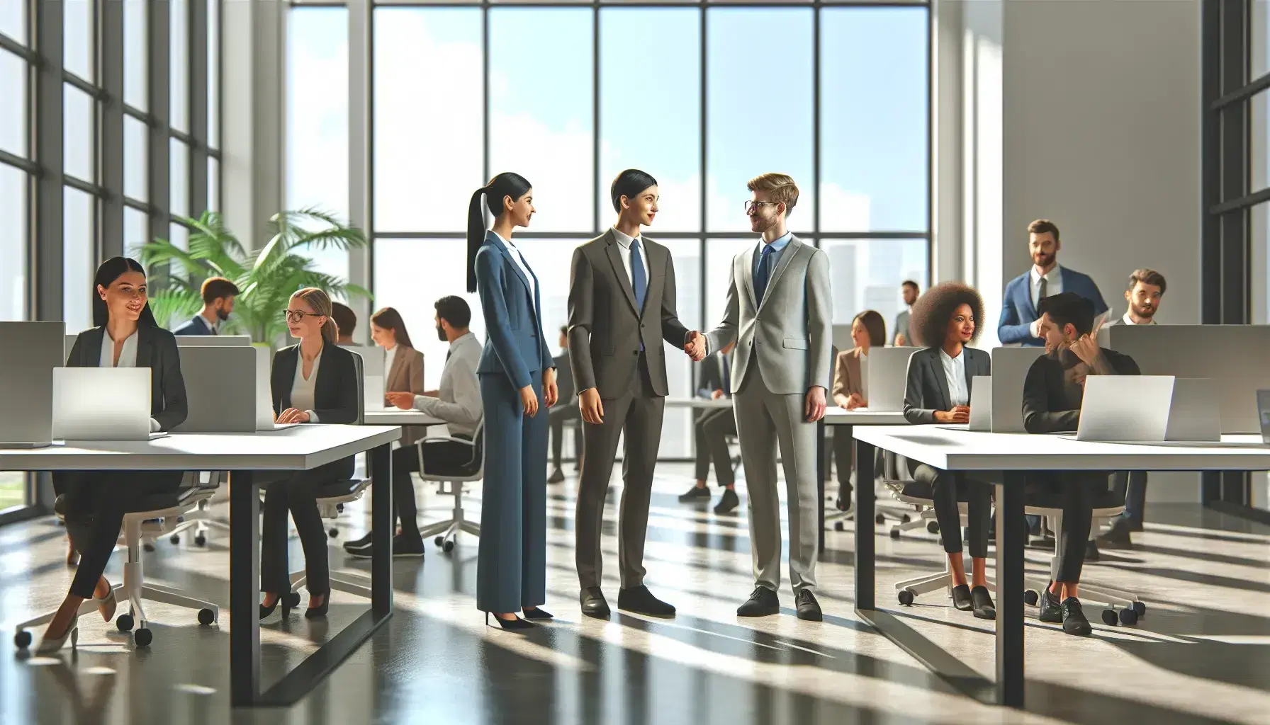 Grupo diverso de profesionales en oficina moderna con grandes ventanas, donde una mujer y un hombre de negocios se dan la mano, rodeados de colegas y estaciones de trabajo con laptops.