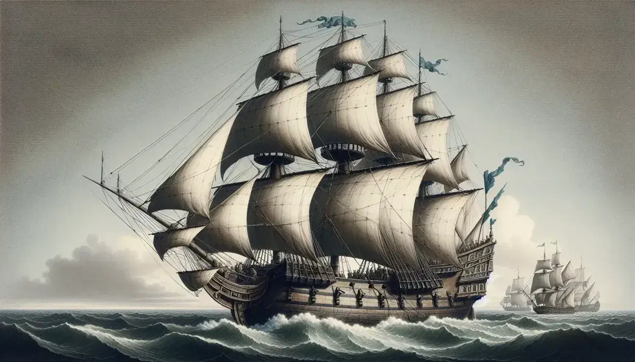 17th-century Dutch galleon sailing with full sails on a brisk blue sea, crew visible on deck, near a faint coastline under a clear sky.