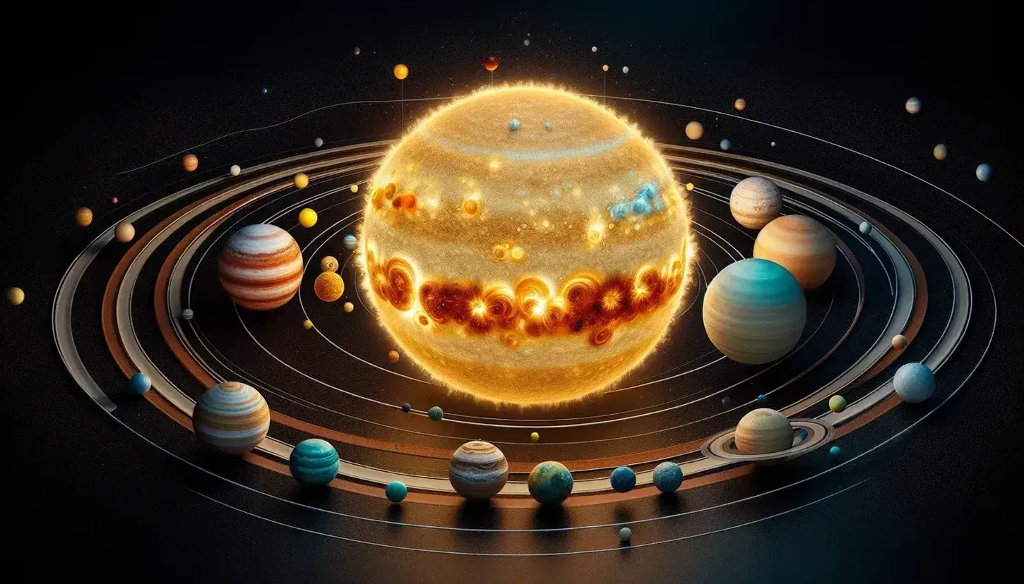 Representación a escala del sistema solar con el Sol y ocho planetas en orden, asteroides y fondo estrellado, sin texto.