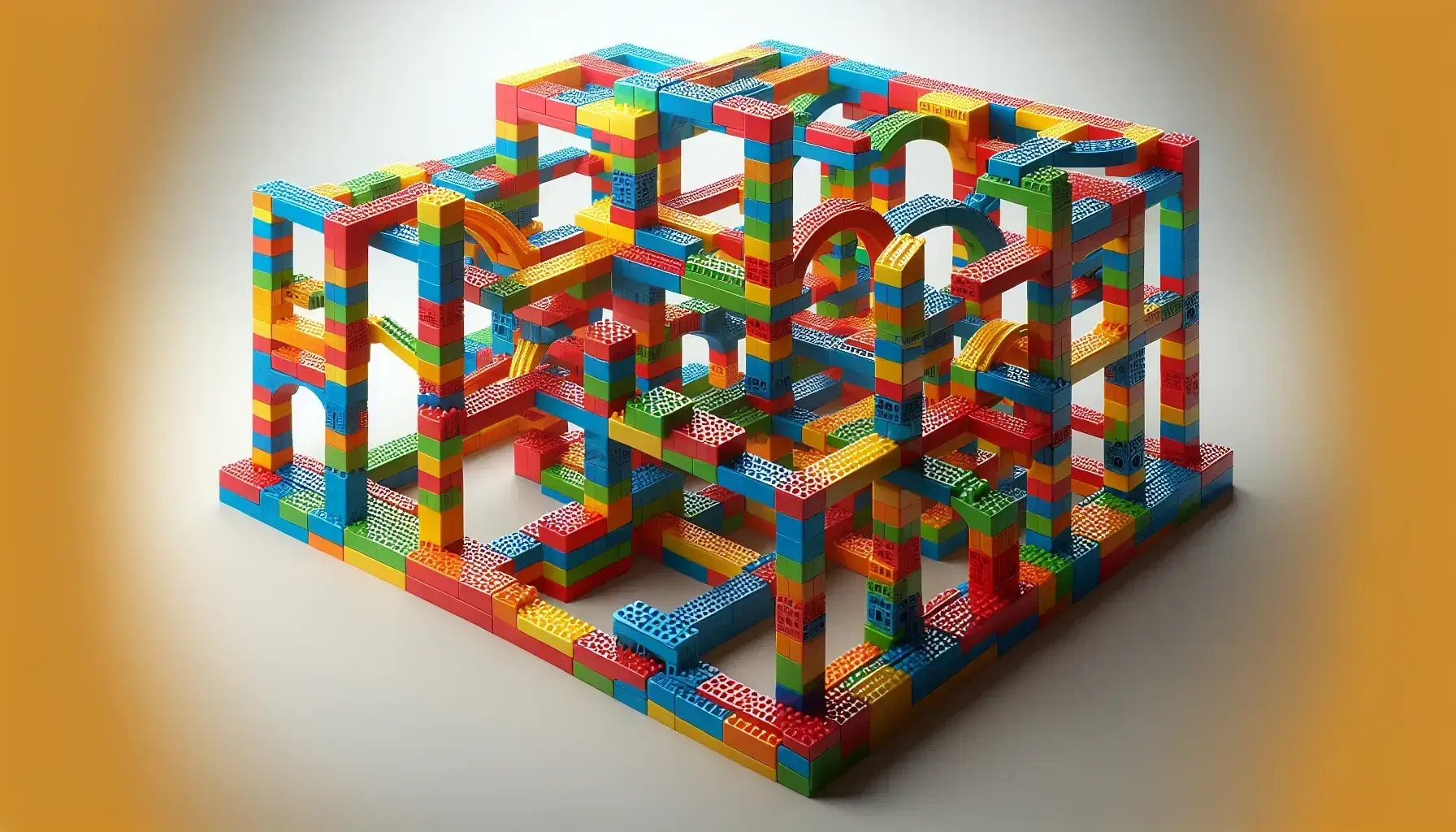 Bloques de construcción de plástico coloridos enlazados formando una estructura tipo puente, con variedad de formas y colores como rojo, azul y verde.