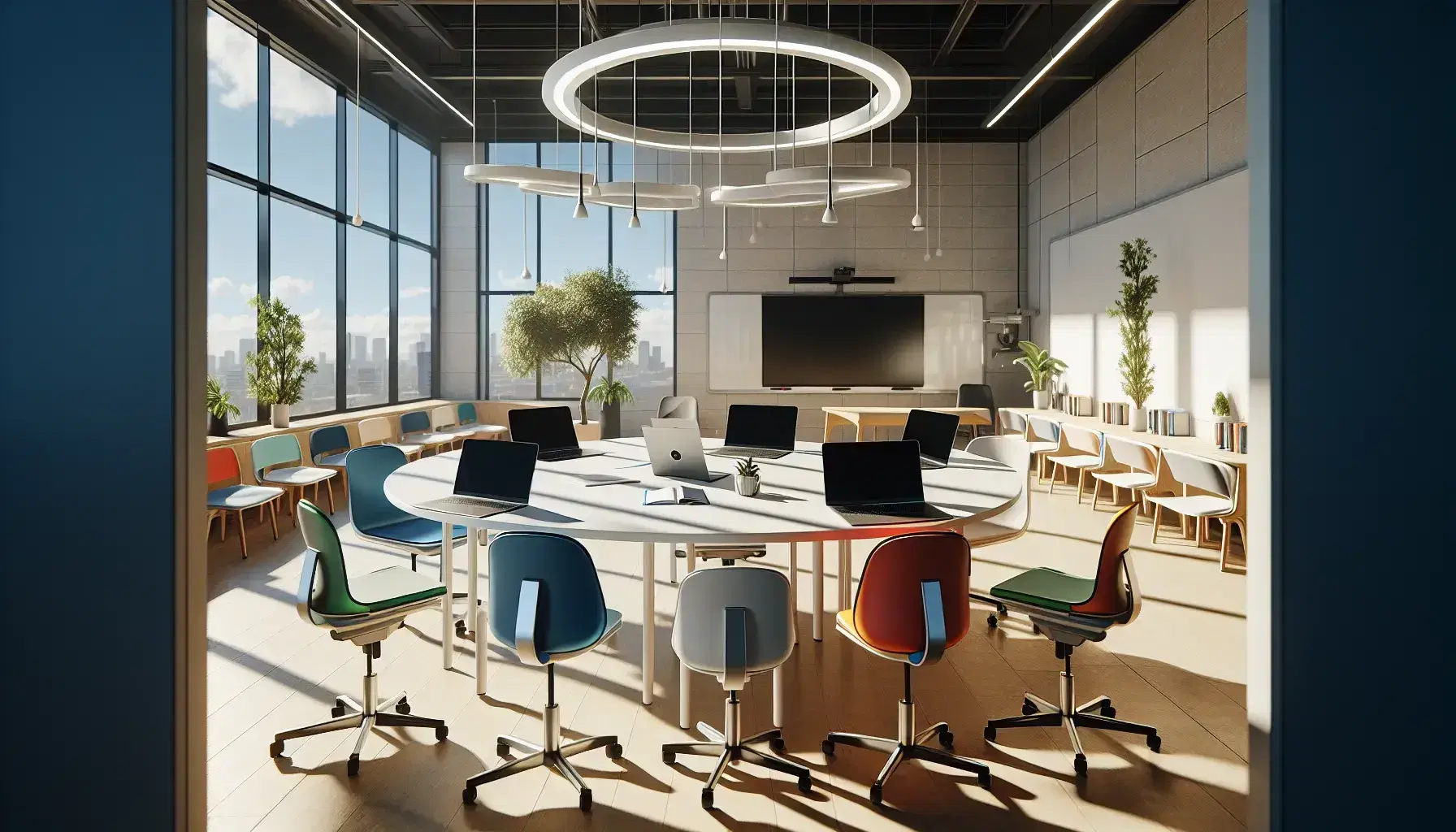 Aula moderna y luminosa con mesa redonda blanca, sillas ergonómicas de colores y portátiles cerrados, pizarra limpia y planta en esquina, ventana con vista a árboles.